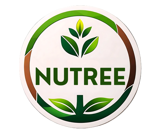 Logo of NUTREE with green leaves and text on a white background